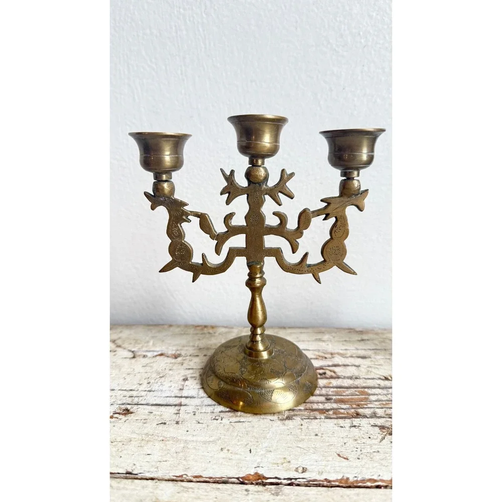 Vintage Brass Dragon Candelabra Pair 3 Light Etched Taper Holders India